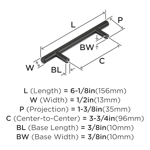 Image of Amerock 3-3 /4 inch Bar Pulls Matte Black Drawer Pull | 3-3 /4 inch (96mm) Center-to-Center Mounting Distance and 6-1 /8 inches Overall Length, Durable Carbon Steel Cabinet Hardware