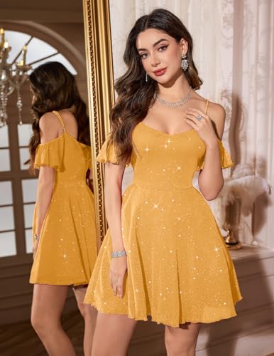 Image of Meetjen Women's Short Cocktail Dresses for Teens Formal Homecoming Sparkly Off Shoulder Tulle Sequin Prom Party Dress