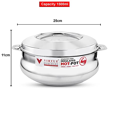 Image of Casserole Stainless Steel Insulated 1500 ml Bella series Double wall for Serving cooked food and storing Hot food | Thermoware HOT and COLD for long hour for Home Canteen Picnic use