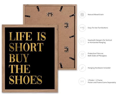 Image of Poster Master Life is Short Buy The Shoes Poster - Fashion Print - Positive Quote Art - Trendy Art - Gift for Women & Fashionista - Funny Wall Decor for Bedroom or Girls Room, 16x20 Beige Framed