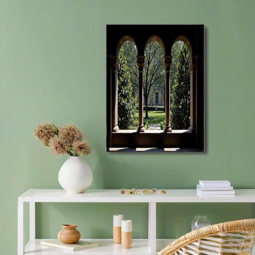 Lienzo de ventana arqueada para decorar un salón moderno con calma natural