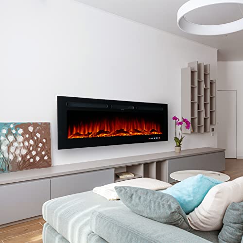 Haddockway 60" Electric Fireplace Wall Mounted And Recessed With Remote Control, 750/1500W Ultra-Thin Wall Fireplace Heater W/ Timer Adjustable Flame Color And Brightness, Log Set & Crystal Options #TOP6