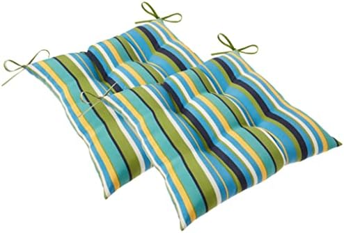 Pillow Perfect 537252 Outdoor/Indoor Topanga Stripe Lagoon Tufted Seat Cushions (Square Back), 19" x 18.5", Blue, 2 Pack