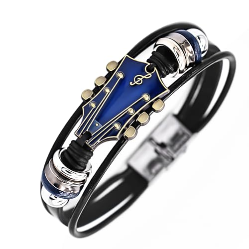 ROJEMXVE Retro Guitar Leather Bracelet for Man Women Unique Braided Handmade Cuff Multi-Layer Cords Wrap Music Shape Punk Jewelry Zinc Alloy Musical Enthusiast Rock Wristbands Gifts Blue