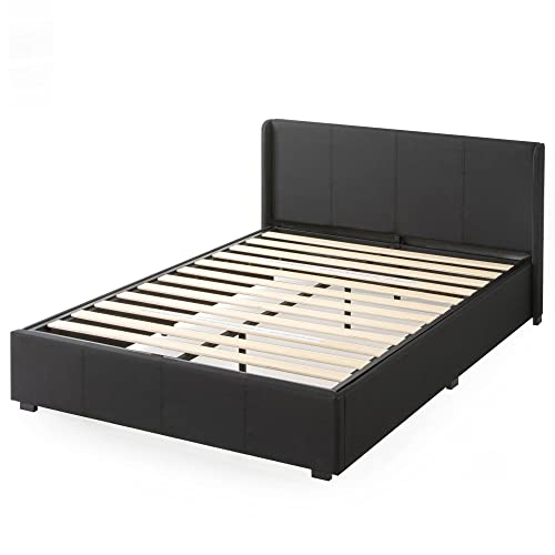 Zinus Maddon Polsterbett 140x200 cm mit Stauraum - 31 cm Hohes Bett mit Lattenrost aus Holz & Kopfteil - Hydraulischer Hebemechanismus & Stauraum - Schwarz