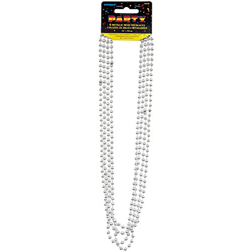 Metallic Silver Plastic Bead Necklaces - 32'', 4 Count - Perfect for Parties, Birthdays & New Year's Eve Events