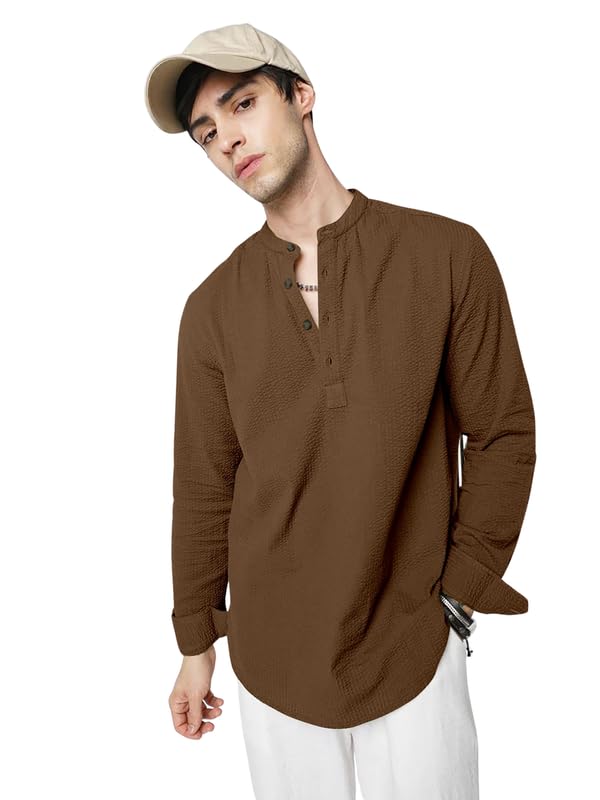 chrovel Men’s Cotton Blend Casual Shirt | Mandarin Collar Full Sleeve for Men | Solid Regular Fit Stylish Breathable Top | Comfortable Everyday Wear-picture-10