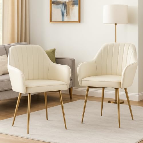 Image of Velvet Accent Chair | Luxury Upholstered Armchair with Sturdy Metal Legs | Modern Comfortable Chair for Living Room, Bedroom, Office, or Cafe (Golden Legs, White Set of 2)