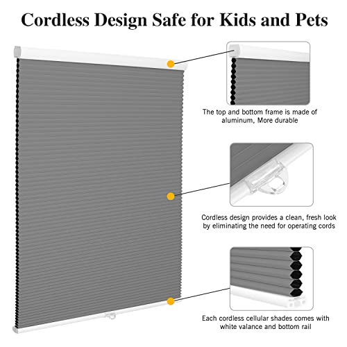 Makefeile Blackout Cordless Cellular Shades 24" W X 64" H Honeycomb Pleated Shade Insulation Room Darkening Blinds For Home Bedroom Living Room Windows Easy To Install Grey #TOP1