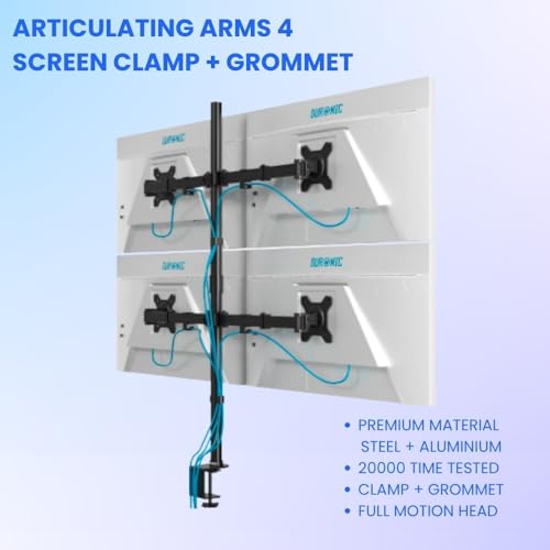 Image of UNIQ Mounts Quad Monitor Mount for 13 to 27 Inch Screens, 4 Arm Heavy Duty Stacked Desk Setup with Swivel, Rotation, Tilt, VESA 75x75 /100x100, 8kg Capacity per Arm, C Clamp & Grommet