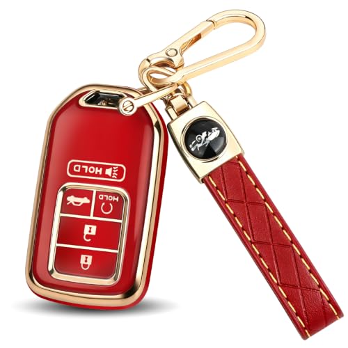 Image of MILD EAST for Honda Key Fob Cover with Keychain, Car Key Case Shell for Honda Accord Civic Pilot Passport CRV 5 Buttons (Gold-Red)
