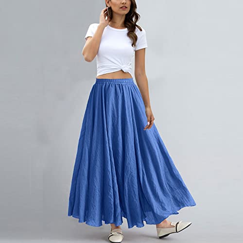 ASHER FASHION Women's Bohemian Style Elastic Waist Band Cotton Linen Long Maxi Skirt Dress (95CM, Denim Blue)