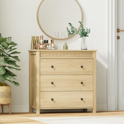 GarveeHome 3 Drawer Dresser, Modern Fluted Nightstand, Wooden Chest of Drawers, Storage End Table Organizer for Bedroom, Living Room, Hallway, Natural