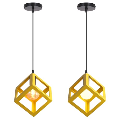 iDEGU 2 Piezas Lámparas Colgantes Moderna Diseño Cubo Lámpara de Plafón de Estilo Geométrico de Metal Iluminación E27 Lámpara de Techo Vintage para Dormitorio, Salón, Restaurante - 16 cm, Amarillo