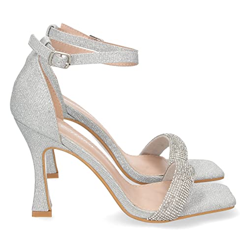 shoes&blues.es 67384-Sandalia de Tacon para Mujer, Comoda, de Material Brillante, Pala con Strass, y Cierre de Hebilla, Otono Invierno 2022. Talla 38 Plata