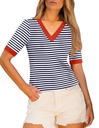 Image of Zeagoo Womens Short Sleeve Sweaters Soft Casual V Neck Pullover Tops Lightweight Knit Sweater Blouse