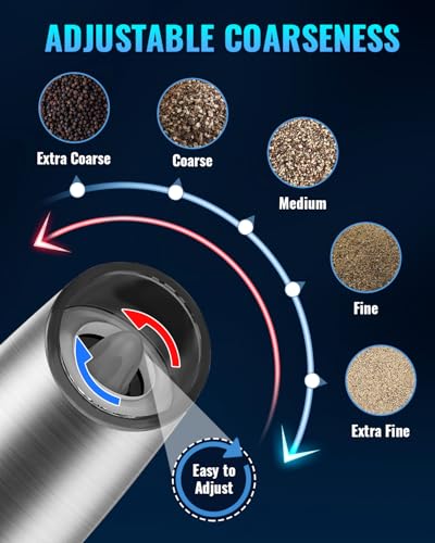 XinXu Gravity Electric Pepper and Salt Grinder Set, Salt/Pepper Mill & Adjustable Coarseness, Battery Powered with LED Light, One Hand Automatic Operation, (Set/Silver)