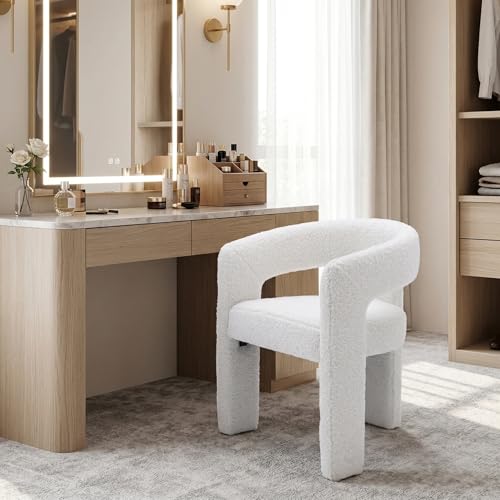 Image of HNY Modern Barrel Kitchen & Dining Room Chair, Sherpa Upholstered Accent Chair with Arm, 18.5'' Wide Side Armchairs Vanity Chairs for Living Room Bedroom Makeup Small Spaces, White