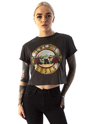 Official Guns N Roses T-Shirt à Logo amplifié Top Court Gris foncé pour Femme - Les Beatles, Paul McCartney, John Lennon, RIngo Starr, George Harrison Official Guns N Roses T-Shirt à Logo amplifié Top Court Gris foncé pour Femme