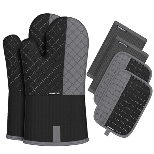 Oven Mitts and Pot Holders Sets 6pcs, Kitchen Oven Glove,High Heat Resistant 550 Degree Extra Long Oven Mitts and Potholders with Non-Slip Silicone Surface for Home Essentials (Grey) (Matte Black)