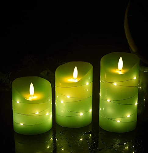 Image of DANIP Green LED flameless Candle with Embedded Star String, 3-Piece Set of LED Candles, with 11 Button Remote Control, 24-Hour Timer Function, Dancing Flames, Real Wax, Battery Powered. (Green)