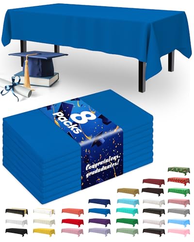 Pureegg Plastic Table Cloth Disposable 8 Pack, 54 x 108 Inch Table Cloths, Graduation Decorations Class of 2026, Graduation Party Tablecloths, Rectangle, Plastic Cover, Leakproof & Sturdy, Blue