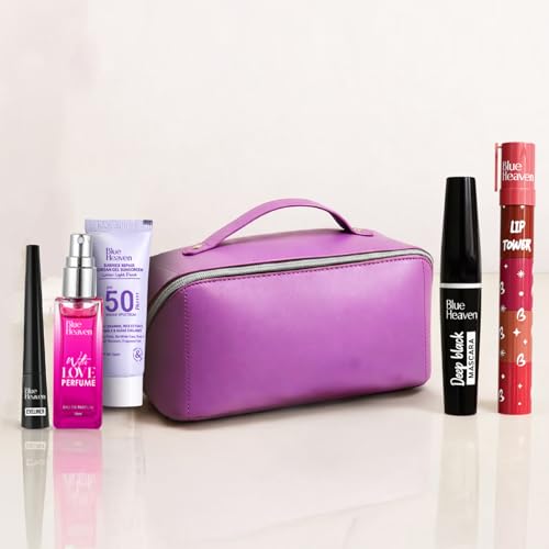 Image of Blue Heaven Glam Ready Beauty Makeup Kit|Gift Set with Free Makeup Pouch| Includes 4in1 Stackable Lipstick, Eyeliner, Mascara, Perfume & SPF50 Mini Sunscreen| Ideal for Gifting or daily use, Pack of 5
