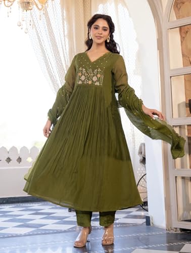 Image of Nermosa Women Embroidery Solid Anarkali Kurta and Pant Set with Dupatta