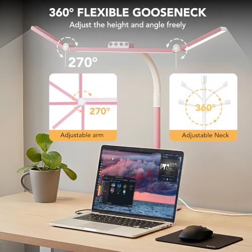 Image of LED Desk Lamp for Home Office with Base, 28.2 inch Adjustable Gooseneck Swing Arm Bright Desk Light, Dimmable Architect Table Lamp for Desktop Computer Light, Reading, Study, Workbench(Pink)