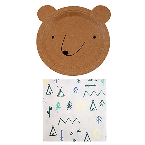 Meri Meri Let's Explore Collection Party Pack, Plates and Napkins (Bear Small Plate/Let's Explore Large Napkin)
