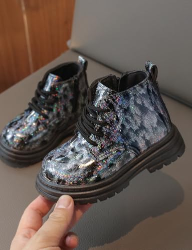 Girls Boys Ankle Boots Waterproof Lace up Patent Boot with Side Zipper Non Slip Platform Leather Booties4