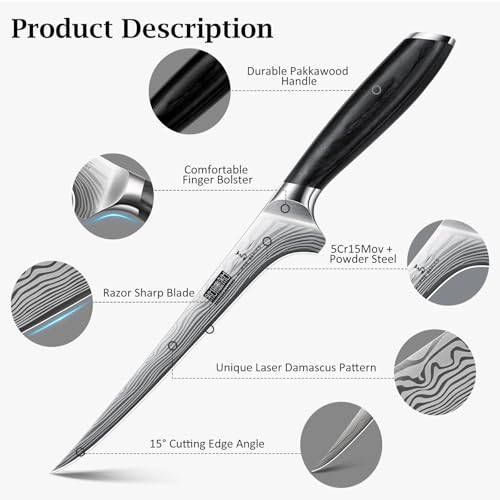 HOSHANHO Fillet Knife 7 Inch, Razor Sharp Boning Knife for Meat Poultry Chicken Cutting, Japanese High Carbon Powder Steel Fish Knives with Flexible Blade and Pakkawood Handle - Image 3