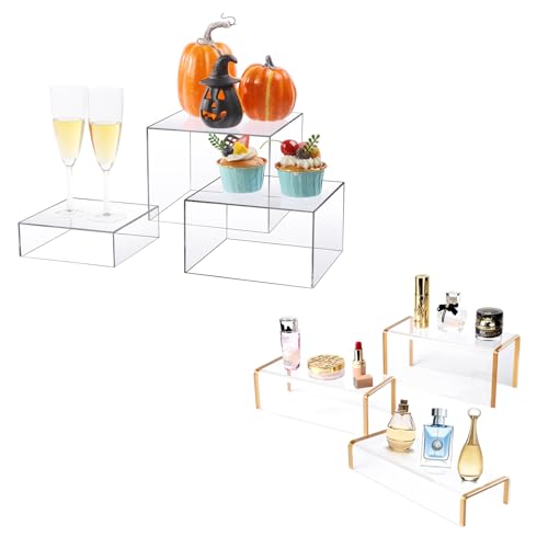3 Pack Acrylic Riser Displaty Stand and 3 Pcs Cube Clear Acrylic Risers Display Box