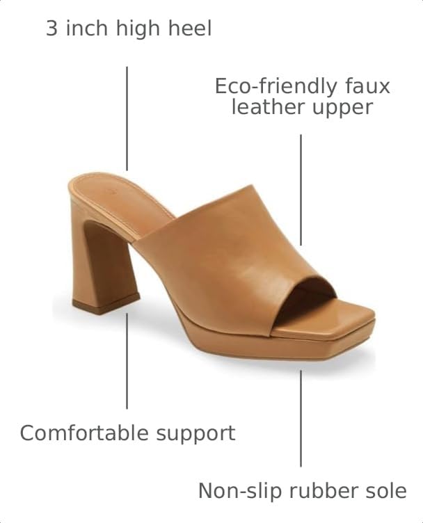 Image of Womens Platform Chunky Heels Mules Square Open Toe High Heeled Sandals Slip On Slides Dress Shoes