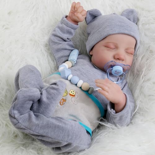Image of Lifelike Reborn Baby Dolls - 18-Inch Sweet Smile Real Life Realistic-Newborn Full Body Vinyl Sleeping Baby Boy with Toy Accessories Gift Set for Kids Age 3+