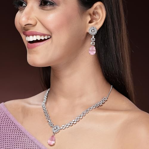 Image of ZENEME Rhodium Plated Brass Silver Toned Luxurious Sparkle Pink Necklace & Earring Jewellery Set For Women & Girls