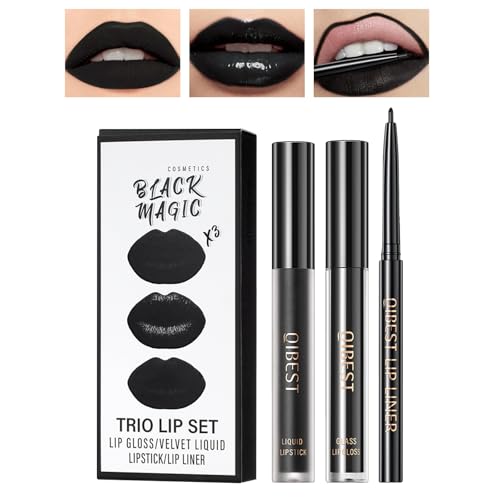 Desing Wish 3 Piezas Pintalabios Permanente Negro Perfilador Labios Brillo Barra de Labios Labiales Mate Azul Larga Duracion Labial Delineador Labios Lip Tint Lip Liner Mujer Maquillaje Kit Regalo