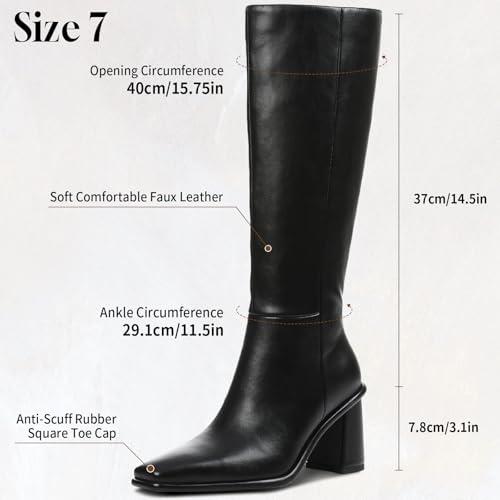 Women's Knee High Boots, Square Toe Chunky Heel Faux Leather Boot Fashion Wide Calf Tall Casual Fall Long Boots with Side Zipper3