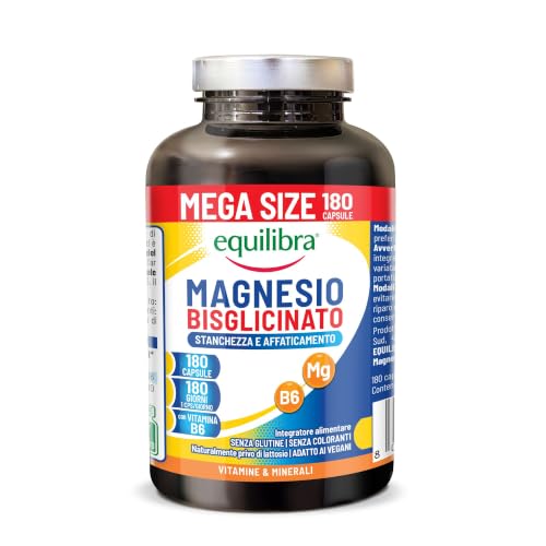 Equilibra Magnesio Bisglicinato 250mg, 180 Capsule, Scorta 6 mesi | Assorbimento Ottimale, Per Stanchezza, Sistema Nervoso e Funzione Muscolare, con Vitamina B6, Senza Glutine