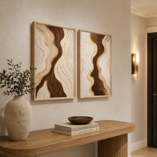Image of Livin'luxe Set of 2 Brown Beige Abstract Wall Photo with Frame for Living Room Bedroom Hall Office Decor, Premium Wooden Synthetic Frame Luxury Artwork Gift