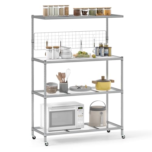 COSTWAY Kitchen Baker’s Rack, Mobile Microwave Stand with Lockable Wheels, Adjustable Shelves, S Hooks, Hanging Net & Shelf Liner, Heavy-Duty Utility Storage Shelf for Home Dining Room