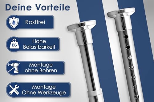 MEISENBERG Duschvorhangstange ohne Bohren 160-210cm, Silber, Ø 25 mm, Teleskop Gardinenstange Klemmen - Teleskopstange für Fenster, Dusche und Trennwand
