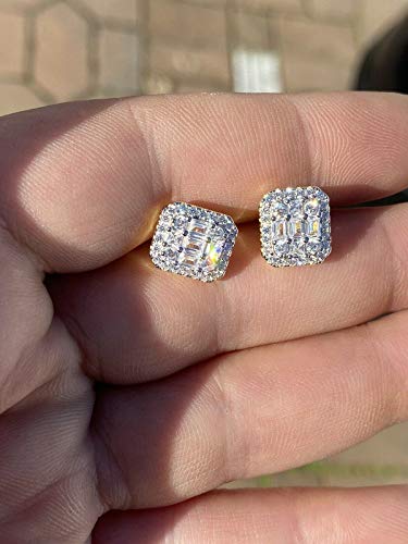 Real Solid 925 Sterling Silver - Men's Baguette Earrings - Iced Cz 10Mm (0.4") Earrings Screw Back Aretes - Flooded Out #TOP1