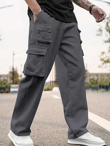 Image of Veirdo Pure Cotton Baggy Fit Regular Length Mid Rise 6 Pocket Cargos for Men (Colors Available: Black, Olive, Grey, Brown & Navy)