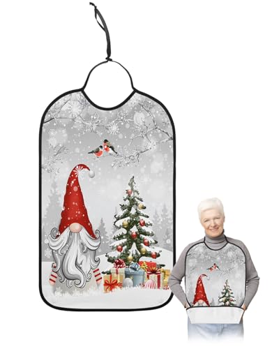 LEOKOTI Gray Gnomes Christmas Adult Bibs for Eating, Waterproof Bibs with Food Catcher & Adjustable Snap Closure, Xmas Tree Birds Winter Snowflake Washable Clothing Protectors Adult Bibs for Elderly