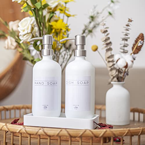 Janxin Glass Soap Dispenser For Kitchen,16Oz Morden Hand And Dish Soap Dispenser With Stainless Steel Pump And Wood Tray,Bathroom Soap Dispenser With Waterproof Labels (White Bottles+Silver Pumps) #TOP2