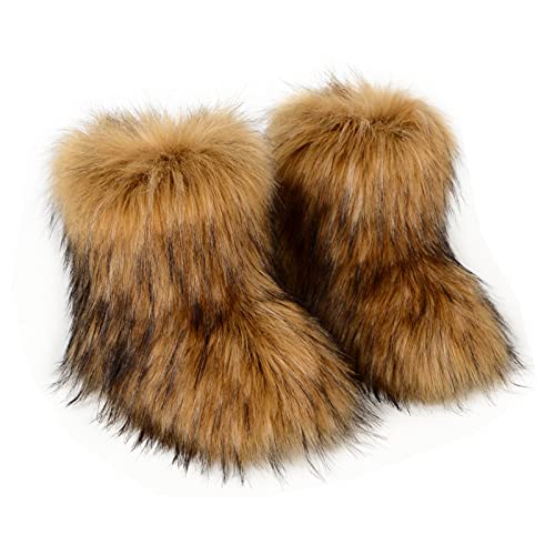 QMFUR Women Mid-calf Boot Suede Faux Fur Boots Winter Warm Comfortable Flat Furry Shoes Outdoor (Brown-1, numeric_13)