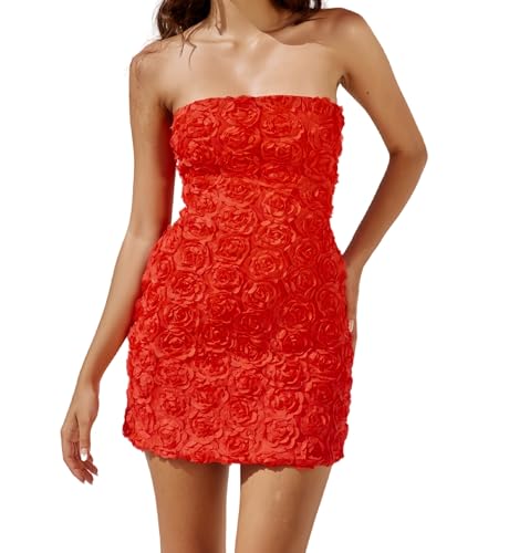 Image of Womens Strapless Mini Dress Sexy Short Bodycon Off Shoulder Stretchy 3D Floral Appliques Tube Top Cocktail Party Dress