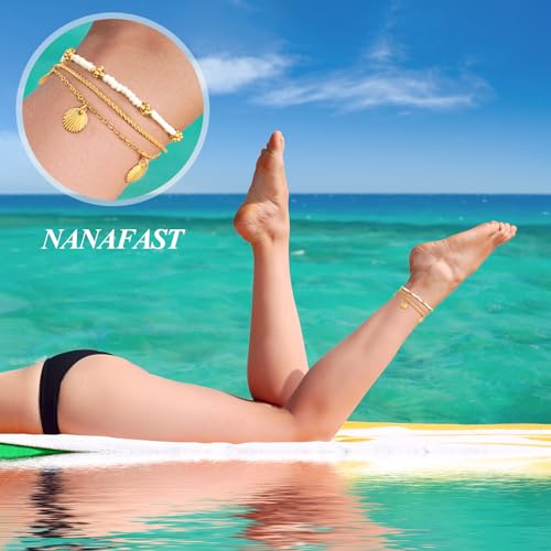 Image of Nanafast 5 Pcs Layered Ankle Bracelets for Women Summer Beach Anklet Bracelets Set Adjustable Boho Beaded Anklets for Summer Outfits