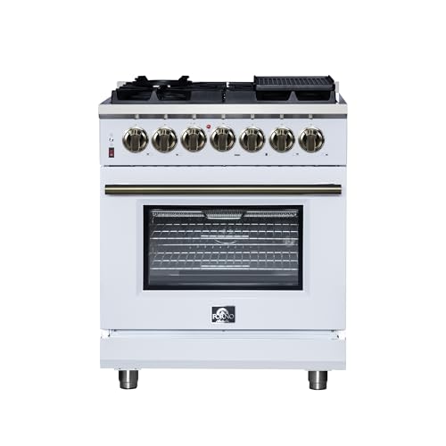 Forno Massimo 30-Inch Dual Fuel Range In White With Brass Trim
